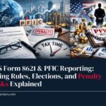IRS Form 8621 and PFIC Reporting guide showing Form 8621, PFIC rules, tax calculations, excess distribution penalties, and U.S. international tax compliance concept.